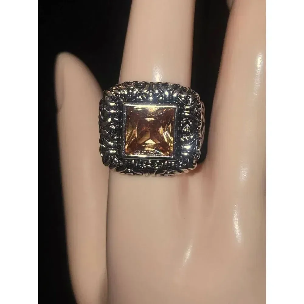 Women's Size 9 Amber Crystal CZ Silver Tone Ring
